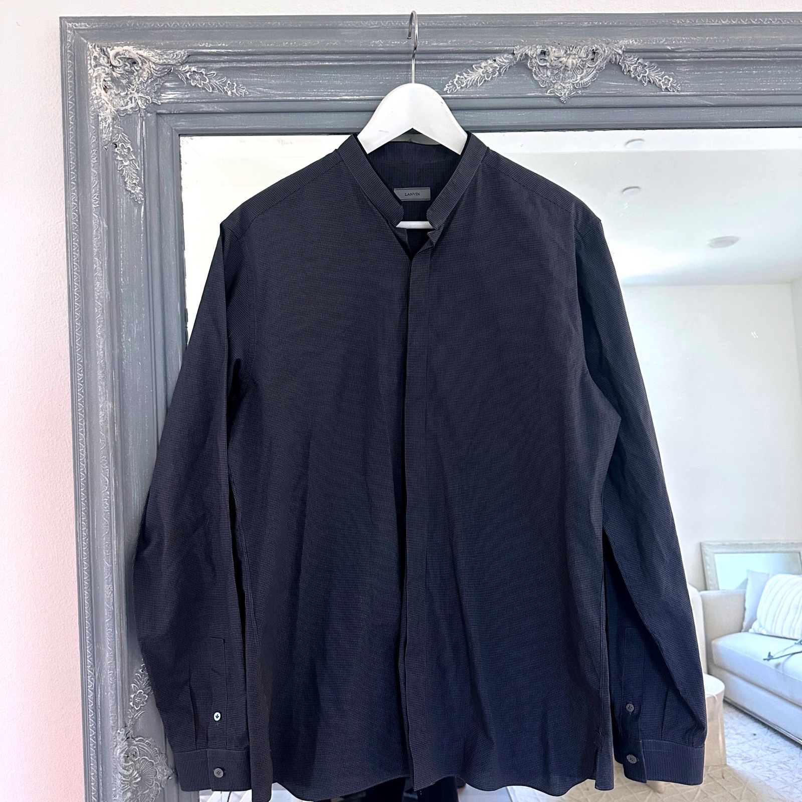 Lanvin Dark Grey Textured Mandarin Collar Button Down Shirt Made In Italy Sz 41